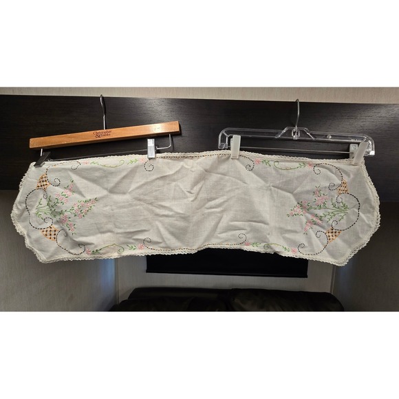 Other - Vintage Hand Embroidered Table Runner White Linen Pink Floral Lace Trim 34x11